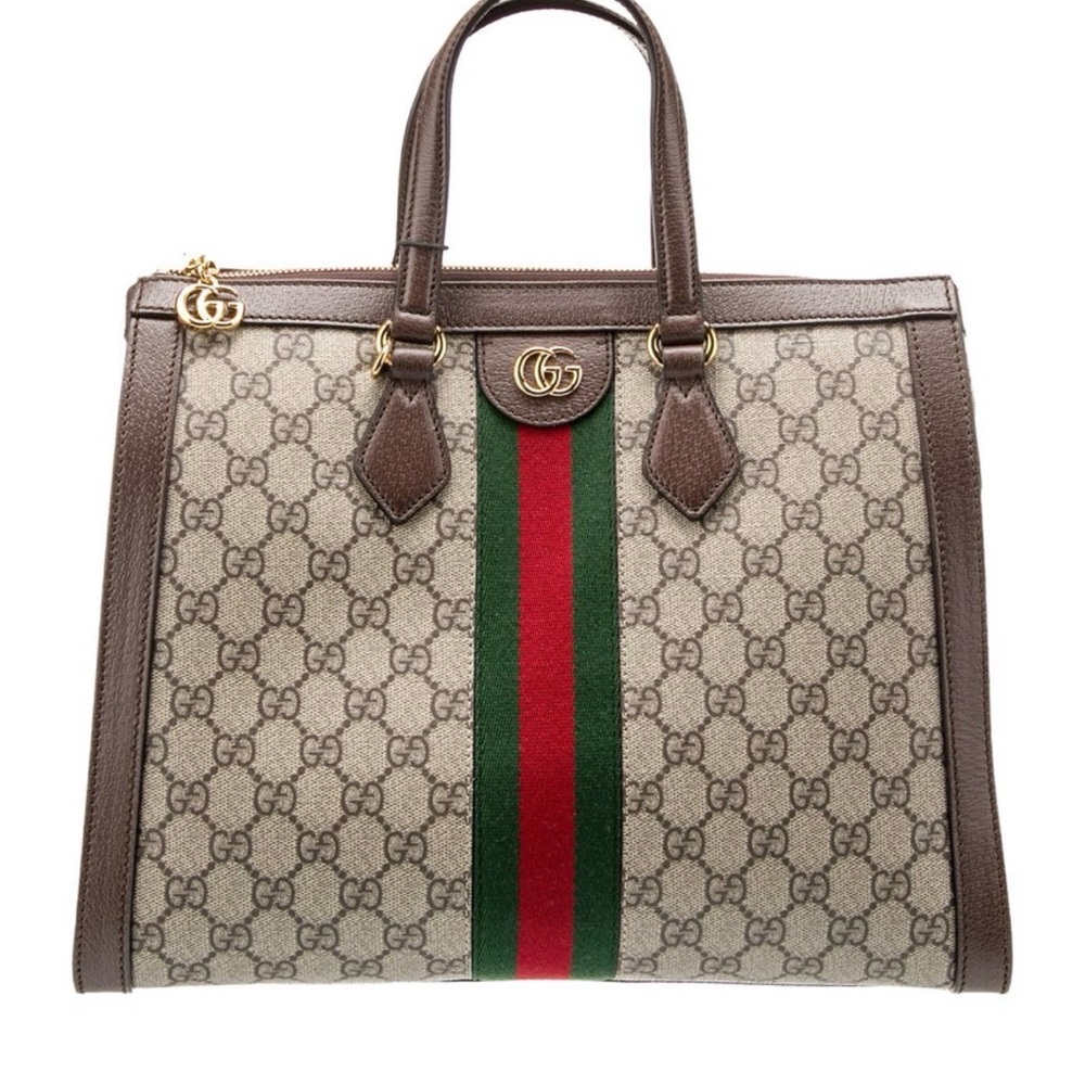 Gucci Beige GG Supreme Tote with Green and Red Web Stripe
